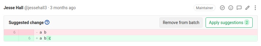 Remove a suggestion from a batch A code change suggestion displayed, with the button to remove that suggestion from its batch highlighted.